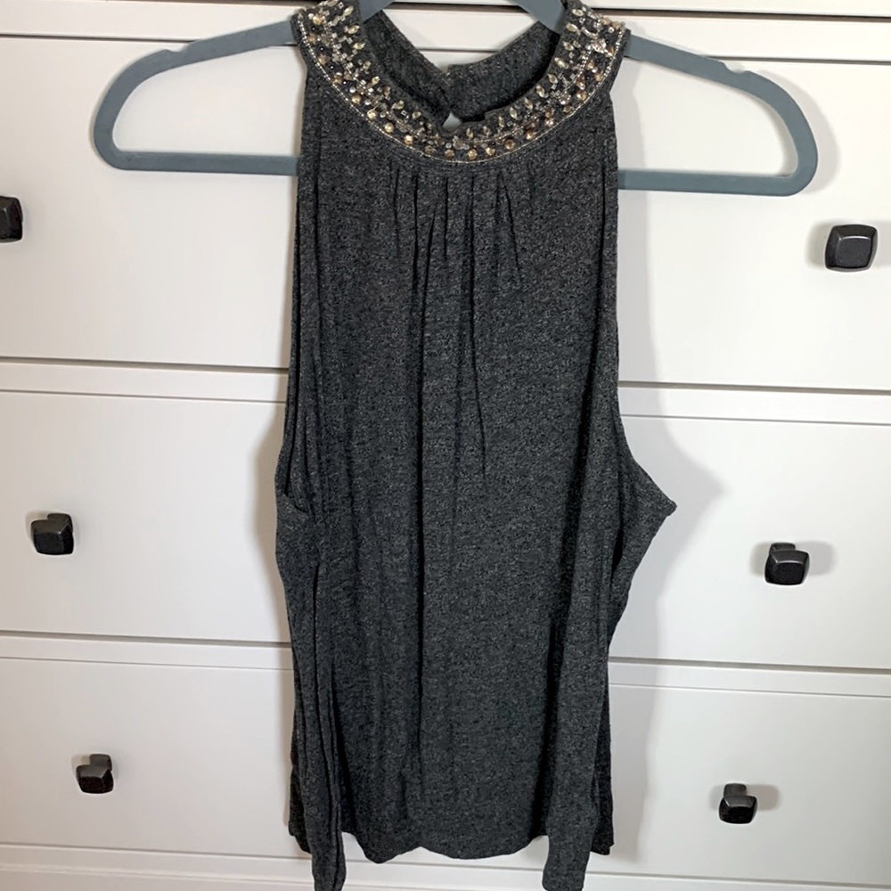 NWOT Anthropologie sleeveless beaded neckline charcoal heather gray top size L